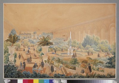 Wystawa kwiatów na moskiewskim ujeżdżalni. Praca Luigi Premazzi (1814-1891), akwarela i gwasz na papierze autorstwa Luigi Premazzi