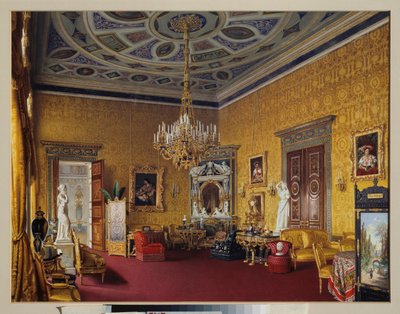 Sala Lyons (Żółta Sala Rysunkowa) Wielkiego Pałacu Carskiego Sioła (Rosja). Praca Luigi Premazzi (1814-1891), akwarela na papierze autorstwa Luigi Premazzi