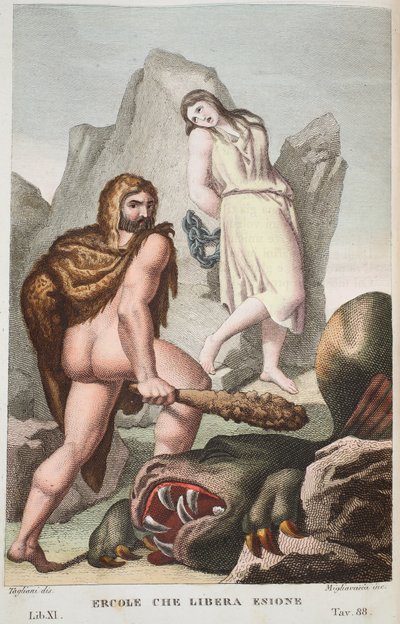 Herkules ratuje Hesione lub Ercole che Libera Enione, Księga XI, ilustracja z Metamorfoz Owidiusza, Florencja, 1832 (rycina ręcznie kolorowana) autorstwa Luigi Ademollo