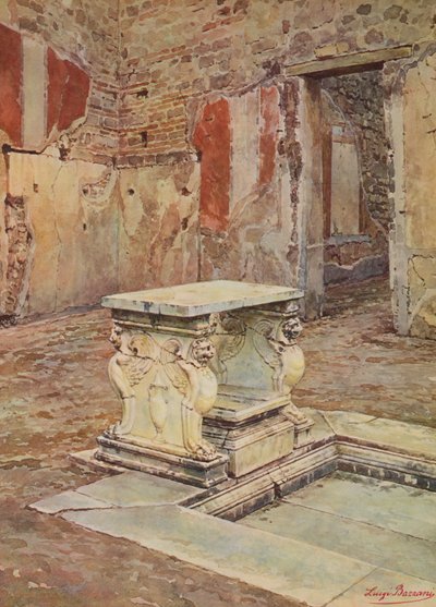 Pompeje: Wiszący balkon, dom z impluvium i marmurową mensą (kolorowa litografia) autorstwa Luigi Bazzani
