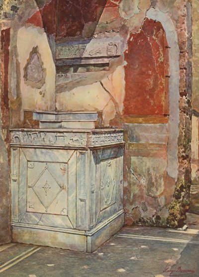 Pompeje: Dom L Caeciliusa Jucundusa, Lararium (kolorowa litografia) autorstwa Luigi Bazzani