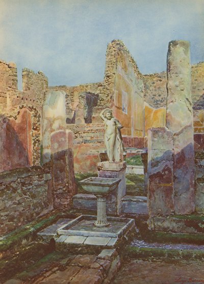 Pompeje: Dom z wiszącym balkonem, wnętrze (kolorowa litografia) autorstwa Luigi Bazzani