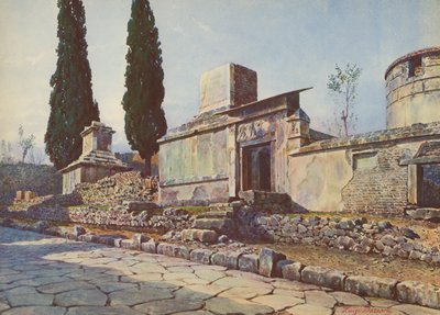 Pompeje: Via dei Sepolcri, grobowce i cyprysy (kolorowa litografia) autorstwa Luigi Bazzani
