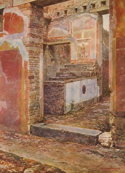 Pompeje: Vicolo del Gallo, Thermopolion i Caupona (litografia kolorowa) autorstwa Luigi Bazzani