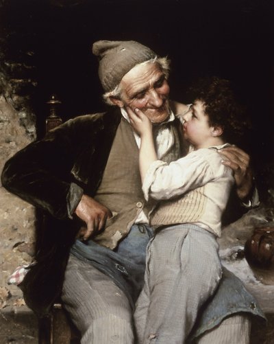 Il Nipotino Preterito (Idealny wnuk). Dziecko dotyka twarzy dziadka, który uśmiecha się i patrzy na niego z czułością. Obraz autorstwa Luigi Bechi (1830-1919). Olej na płótnie. Kolekcja prywatna. autorstwa Luigi Bechi