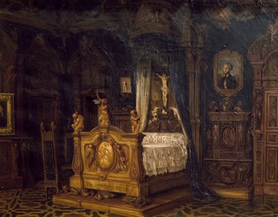Wnętrze sypialni szlachcica Gian Giacomo Poldi Pezzoli, ok. 1860 autorstwa Luigi Bisi
