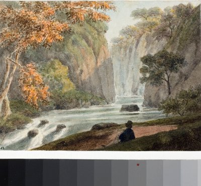 Krajobraz z rzeką i wodospadem (akwarela, c.1825) autorstwa Luigi Garibbo