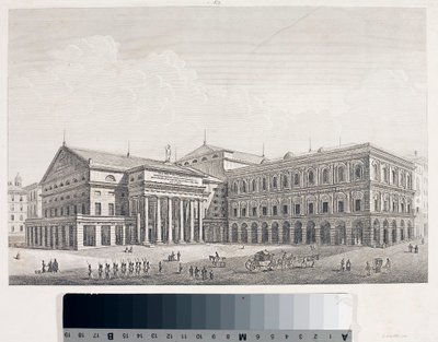 Widok Teatru Carlo Felice i Pałacu Akademii w Genui (Etching autorstwa Luigi Garibbo