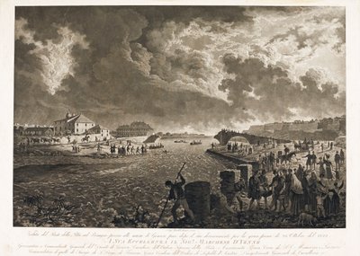 Widok na most Pila w Genui po zalaniu potoku Bisagno 26.10.1822 r. (Akwaforta, ok.1822) autorstwa Luigi Garibbo