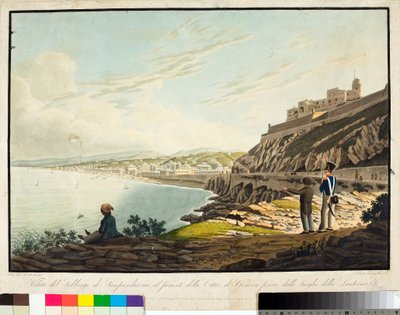 Widok z latarni morskiej na dzielnicę Sampierdarena na zachód od Genui. (Akwaforta, ok. 1813-1814) autorstwa Luigi Garibbo