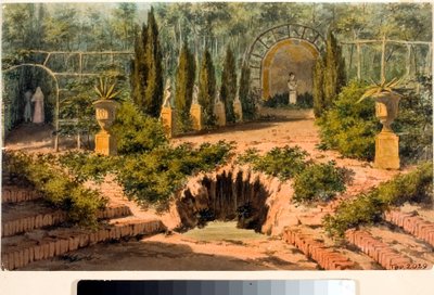 Widok na ogród willi Doria a Pegli niedaleko Genui (Akwarela, ok. 1825) autorstwa Luigi Garibbo