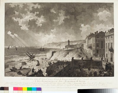 Widok portu w Genui podczas Tempete 25.12.1821 (rycina, ok.1821) autorstwa Luigi Garibbo