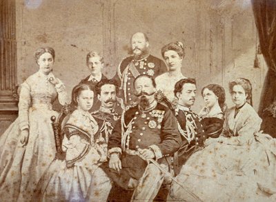 Obraz przedstawia różnych członków rodziny królewskiej Sabaudii. W centrum siedzą Wiktor Emmanuel II, Umberto I i Amedeo w pełnym umundurowaniu; córki władcy i Elisabetta z Saksonii w eleganckich strojach. W tle, do autorstwa Luigi Montabone