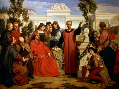 Urodziny i parentalia Platona (428 pne-348 lub 427 lub 347 pne), obchodzone w Villa di Careggi przez Lorenzo Magnificent autorstwa Luigi Mussini