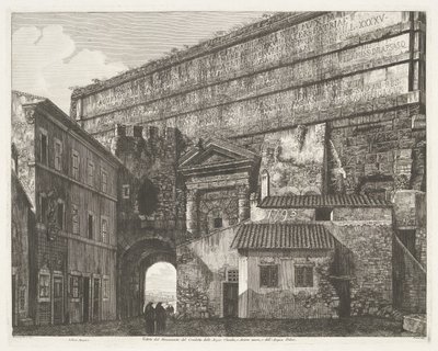Porta Maggiore w Rzymie Widok na pomnik Condotto delle Acque Claudia, Anione Nuovo i Acqua Felice (tytuł na obiekcie) autorstwa Luigi Rossini