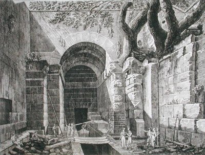 Rzymskie szczątki w Castel Gandolfo nad jeziorem Albano, z „Starożytności konturów Rzymu”, opublikowanej w latach 1824-26 (akwaforta) autorstwa Luigi Rossini