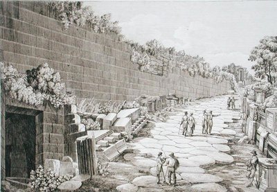 Rzymska droga do Tusculo, po pierwszym wykopaniu w 1825 r., z „Le Antichita dei contorni di Roma”, opublikowana w latach 1824-26 (akwaforta) autorstwa Luigi Rossini
