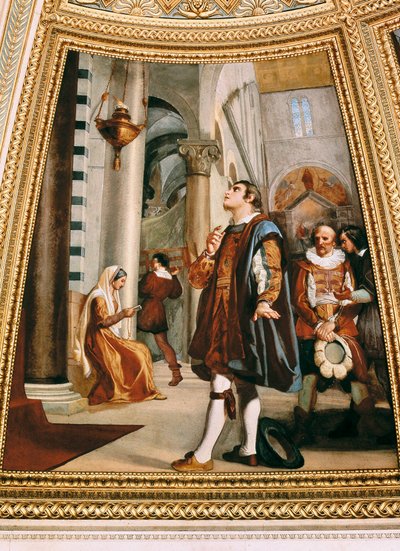 Galileo Galilei ogląda żyrandol kołyszący się w tę i z powrotem w katedrze w Pizie 1582 autorstwa Luigi Sabatelli