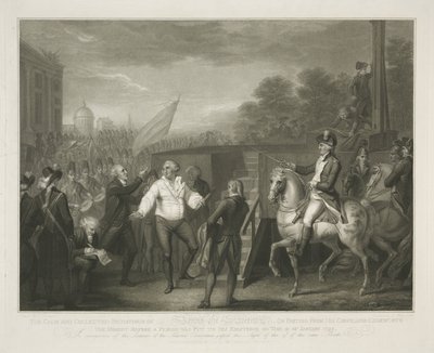 Lodewijk XVI bij het schavot Spokojne i opanowane zachowanie Lewisa XVI po rozstaniu ze spowiednikiem Edgeworthem / chwilę przed postawieniem okresu jego egzystencji 21 stycznia 1793 (tytuł na obiekcie) autorstwa Luigi Schiavonetti