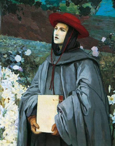 Św. Bonawentura, fragment z Objawienia Dziewicy św. Franciszkowi z Asyżu i Bonawentury, autorstwa Luigi Serra (1846-1888). autorstwa Luigi Serra