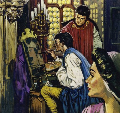 Hrabia John został patronem Van Eycka w Hadze (kolorowa litografia) autorstwa Luis Arcas Brauner