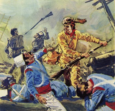 Davy Crockett ostatecznie padł ofiarą nieustannych meksykańskich ataków (kolorowa litografia) autorstwa Luis Arcas Brauner