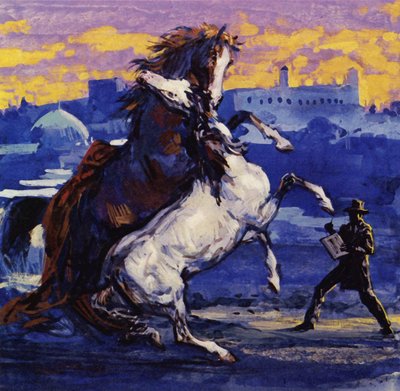 Delacroix zobaczył dwa dzikie ogiery walczące ze sobą i nie zważając na ryzyko, naszkicował tę scenę (kolorowa litografia). autorstwa Luis Arcas Brauner