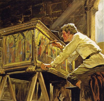 Duccio di Buoninsegna pracował w Sienie dekorując pudełka (kolorowa litografia) autorstwa Luis Arcas Brauner