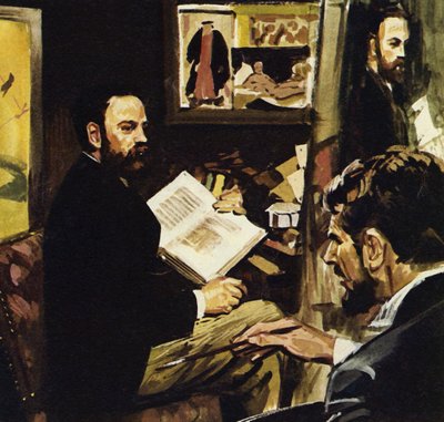Emile Zola przewidział, że dzieło Maneta zawiśnie w Luwrze (kolorowa litografia) autorstwa Luis Arcas Brauner
