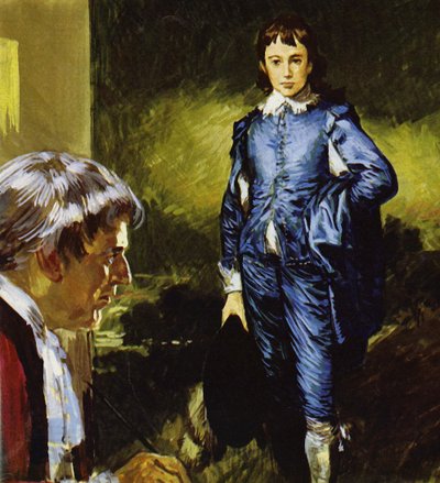Gainsborough malujący swój słynny portret Blue Boy (kolorowa litografia) autorstwa Luis Arcas Brauner