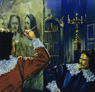 Król Karol I zaprosił Van Dycka do Anglii, aby namalował jego portret (kolorowa litografia). autorstwa Luis Arcas Brauner