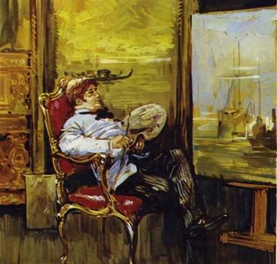 Turner siedzący przed jednym ze swoich obrazów (kolorowa litografia) autorstwa Luis Arcas Brauner
