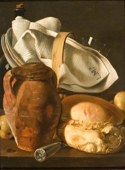 Martwa natura z chlebem, dzbanem i serwetką, po ok. 1830 r. (olej na płótnie) autorstwa Luis Egidio Melendez