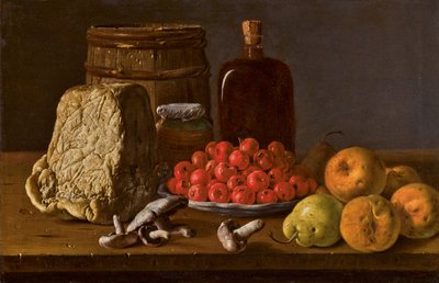 Martwa natura z talerzem azaroli, owoców, grzybów, sera i naczyń. autorstwa Luis Egidio Melendez
