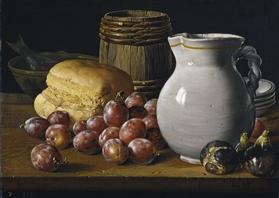 Martwa natura ze śliwkami, figami, chlebem i dzbanem, druga połowa XVIII wieku autorstwa Luis Egidio Melendez