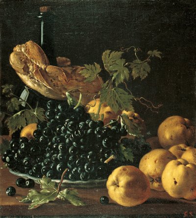 Martwa natura z chlebem, jabłkami, winogronami i butelką autorstwa Luis Egidio Melendez