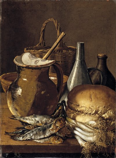 Martwa natura ze śledziami, szczypiorkiem, czosnkiem i przyborami kuchennymi autorstwa Luis Egidio Melendez