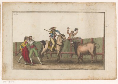 Picador celuje lancą w byka Coleccion de las principales suertes de una corrida de toros (tytuł serii) Zbiór najważniejszych manewrów walki byków (tytuł serii) autorstwa Luis Fernandez Noseret