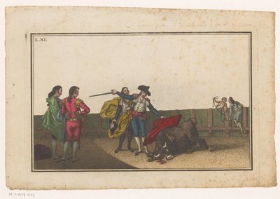 Byk ukąszony przez matadora Coleccion de las principales suertes de una corrida de toros (tytuł serii) Zbiór najważniejszych manewrów walki byków (tytuł serii) autorstwa Luis Fernandez Noseret
