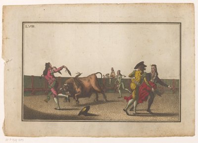 Byk zostaje wyzwany na banderille Coleccion de las principales suertes de una corrida de toros (tytuł serii) Zbiór najważniejszych manewrów walki byków (tytuł serii) autorstwa Luis Fernandez Noseret