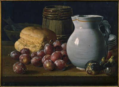 Martwa natura ze śliwkami, figami, chlebem, beczkami, dzbanem i innymi naczyniami autorstwa Luis Meléndez