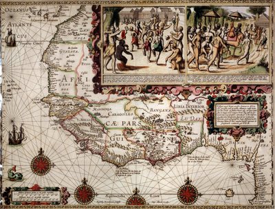Mapa geograficzna Gwinei sporządzona przez kartografa Luisa Teixera (lub Teixeira), około 1586 roku. U góry po prawej przedstawia scenę tańca wśród rdzennych mieszkańców (Afrykanie). autorstwa Luis Teixeira