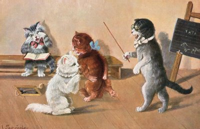 Humorystyczna pocztówka z kotem (kolorowa litografia) autorstwa Luise Schropler