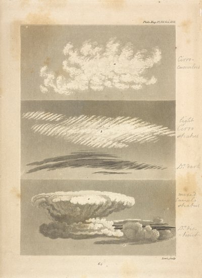 Rodzaje chmur opisane przez autora:
a,a, pokazuje charakter cirro-cumulusa, a także jego wygląd w oddali, b,b, jasny i ciemny cirro-stratus; pierwszy zrobiony tuż przed rozpoczęciem mokrej pogody, drugi w zmierzchu autorstwa Luke Howard