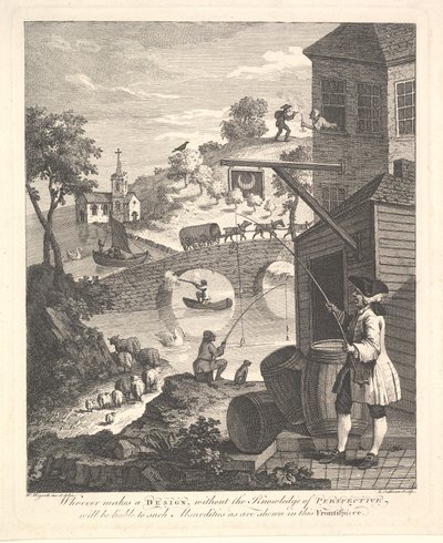 Satyra na fałszywą perspektywę: Frontispiece do perspektywy Kirbysa, luty 1754. autorstwa Luke Sullivan