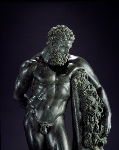 Sztuka grecka: „”Herakles w spoczynku”” Szczegół. Rzeźba z brązu Lysippe z Sicyone (395-305 pne) IV wiek pne. Z Sanktuarium Ercole Curino, Sulmona. Museo Nazionale Archeologico, Chieti Włochy - Herakles (Herkules) odpoczywa - Fragment rzeźbiarza z brązu autorstwa Lysippos (attributed to)