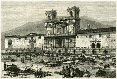 Katedra w Quito (stolica dzisiejszego Ekwadoru) i popularna rozrywka na jej placu. Grawerowanie autorstwa Clergeta i Ferdinandusa, ilustrujące historię „Equinoxiale America”” autorstwa M. (after) Ferdinandus