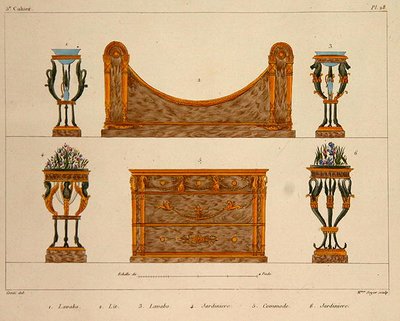 Wzory mebli rytowane przez panią Soyer, tablica 28 z „Modeles de Meubles et de decorations interieures pur les Meubles”, opublikowana 1828/41 (kolor litho) autorstwa M. (after) Santi