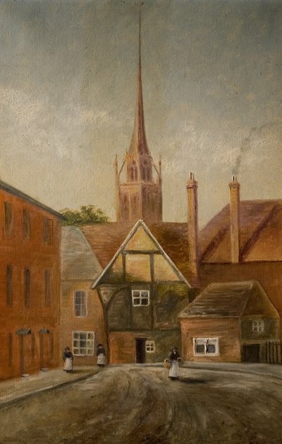Iglica św. Michała, Coventry, ok. 1900 r. (olej na płótnie) autorstwa M. E. Colledge