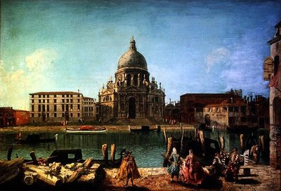 S. Maria della Salute z Rio de San Moise w Wenecji, z szlachtą i gondolierami na pierwszym planie autorstwa M. and Guardi G.A. Marieschi